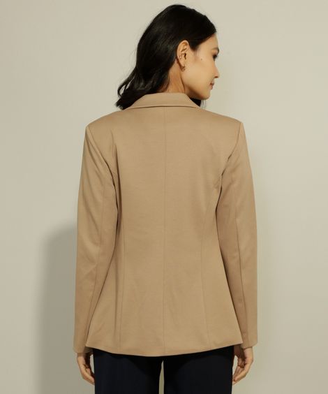 Blazer Alongado Alfaiataria com Bolsos Gola Tailleur Bege