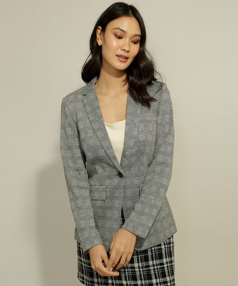 Blazer Longo Alfaiataria Estampado Xadrez com Bolsos Cinza