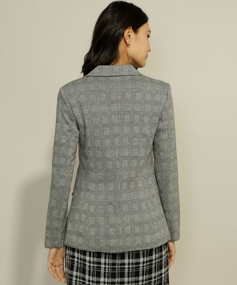 Blazer Longo Alfaiataria Estampado Xadrez com Bolsos Cinza