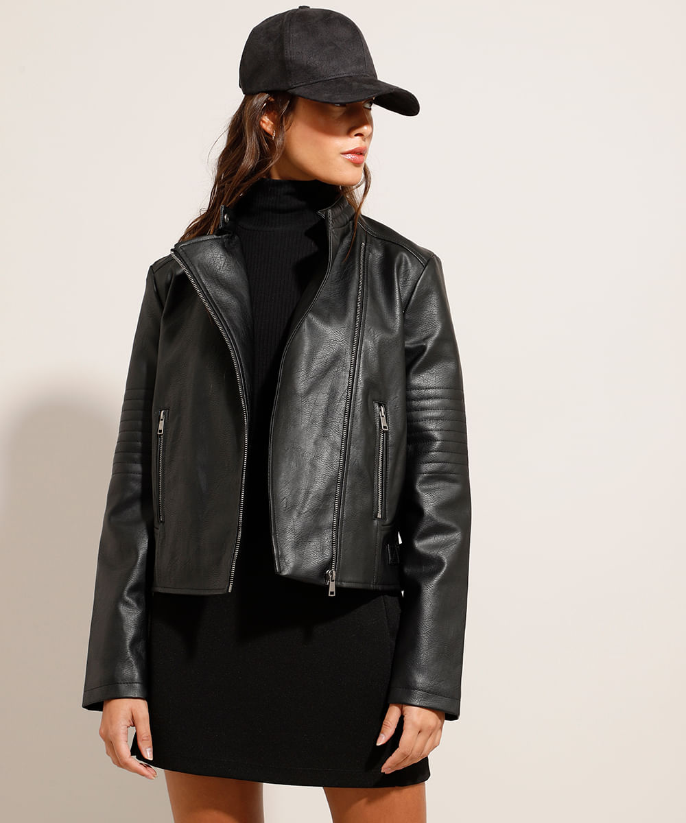 Jaqueta <em>biker</em> com recortes preta