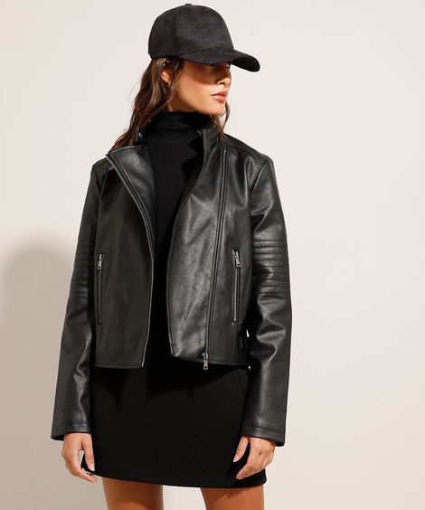 Jaqueta Biker com Recortes Preta