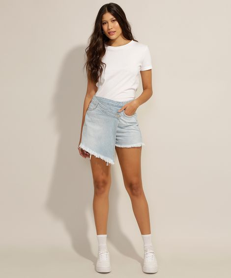Short Saia Jeans Assimétrico Barra Desfiada Cintura Média Azul Claro