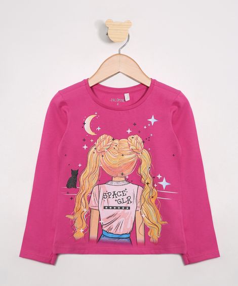 Blusa Infantil Menina e o Gatinho Manga Longa Decote Redondo Pink