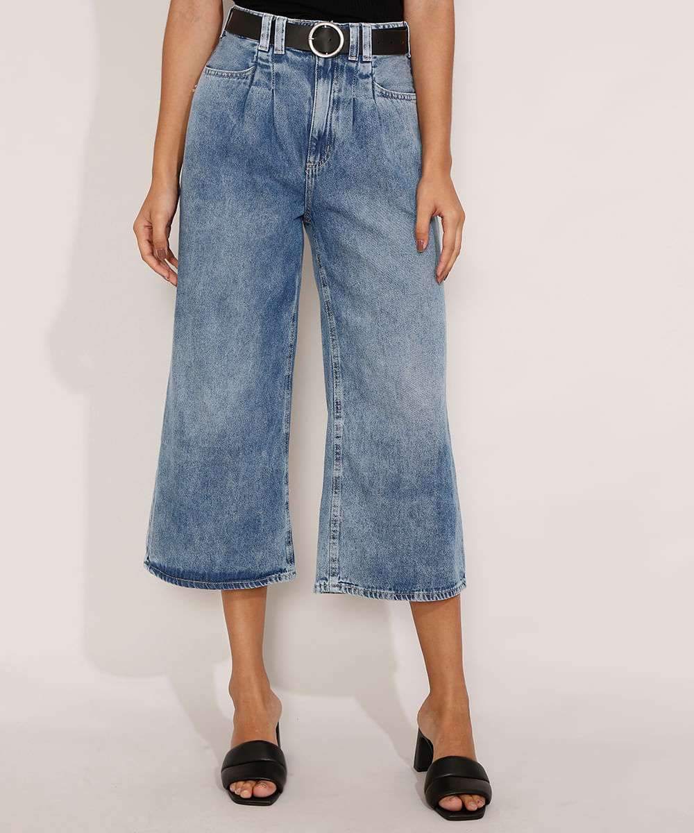 Calça Pantacourt Jeans Cintura Super Alta com Pregas e Cinto Azul Médio Menor preço em Calça Pantacourt Jeans Cintura Super Alta com Pregas e Cinto Azul Médio
