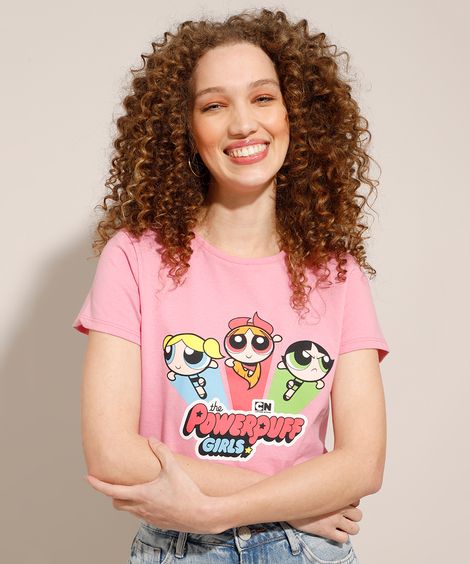 Camiseta de Algodão As Meninas Superpoderosas Manga Curta Decote Redondo Rosa