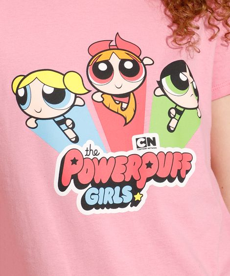 Camiseta de Algodão As Meninas Superpoderosas Manga Curta Decote Redondo Rosa