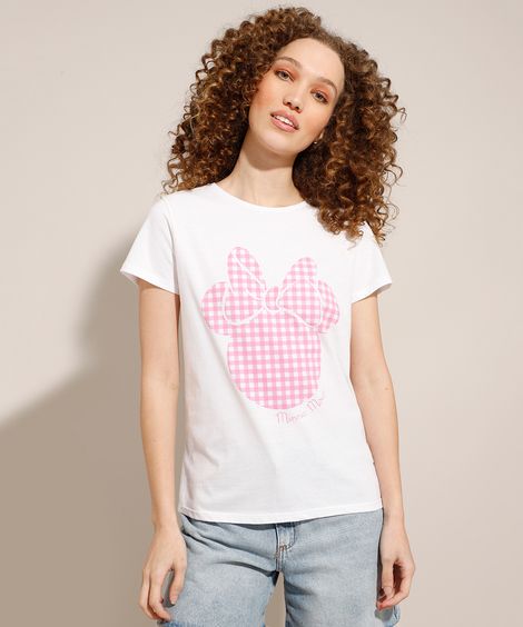 Camiseta de Algodão Minnie Vichy Manga Curta Decote Redondo Branca