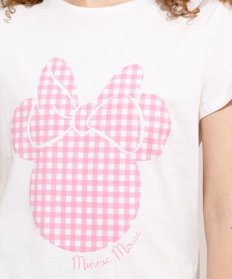 Camiseta de Algodão Minnie Vichy Manga Curta Decote Redondo Branca