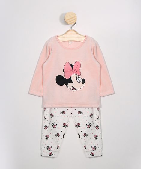 Conjunto Infantil Blusão de Plush Minnie Rosa + Calça Estampada Rosa