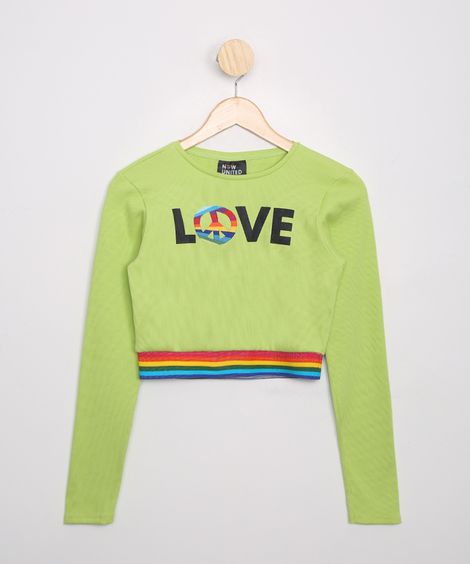 Blusa Juvenil Cropped Canelada Now United Paz Manga Longa Verde Neon