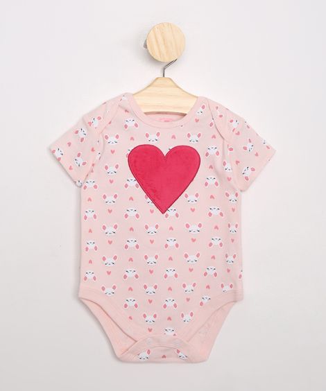 Body Infantil Estampada de Ratinha com Patch Manga Curta Rosa Claro