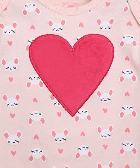 Body Infantil Estampada de Ratinha com Patch Manga Curta Rosa Claro