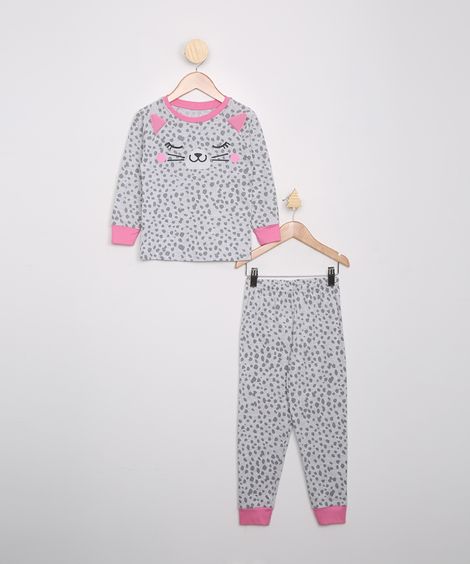 Pijama Infantil Gatinha Estampada Animal Print Onça Manga Longa Cinza Mescla
