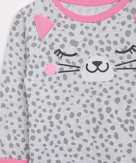Pijama Infantil Gatinha Estampada Animal Print Onça Manga Longa Cinza Mescla
