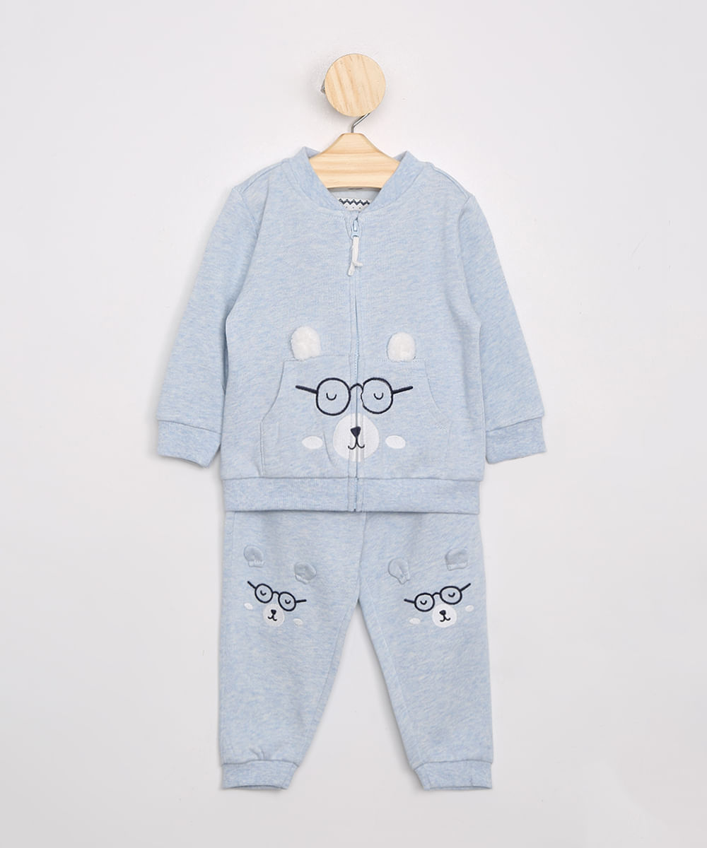 Conjunto Infantil de Moletom Blusão com Bordado Ursinho + Calça Jogger Azul Claro Menor preço em Conjunto Infantil de Moletom Blusão com Bordado Ursinho + Calça Jogger Azul Claro