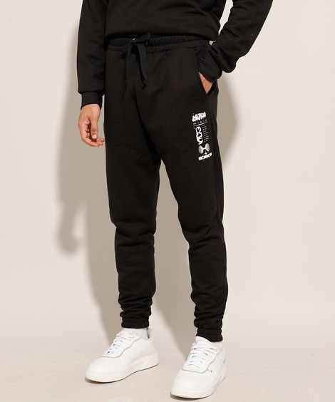 Calça Jogger de Moletom Felpado "Max" com Cordão e Bolsos Preta