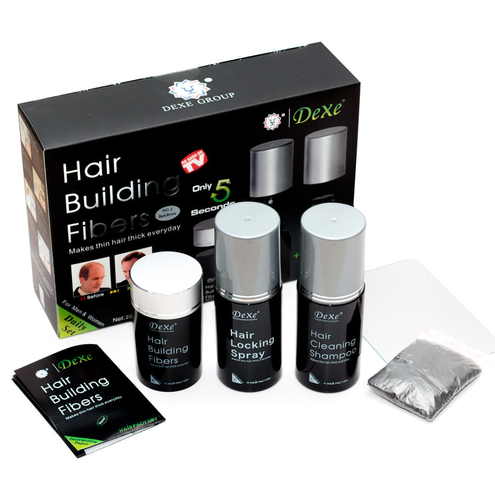 Kit Disfarce de Calvície + Spray Fixador + Shampoo Dexe Hair Fibers Castanho Médio