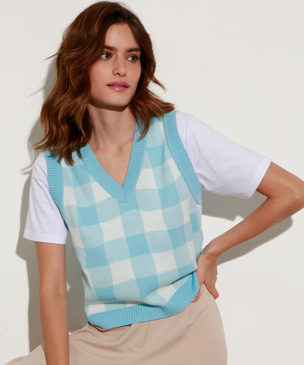 Colete de tricô estampado xadrez <em>vichy</em> decote V Mindset azul claro