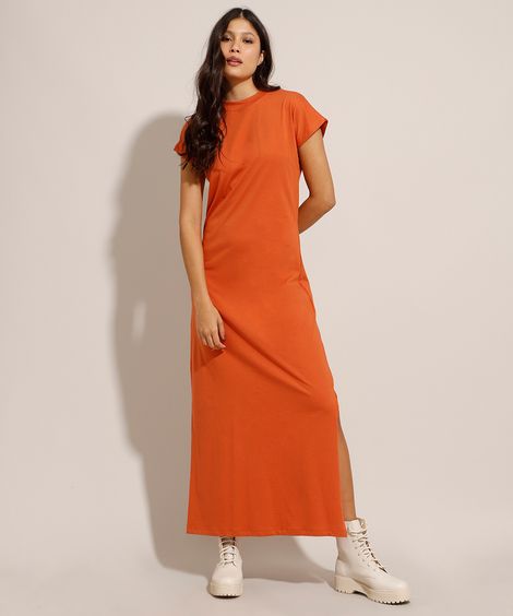 vestido de algodão longo com fenda - marrom