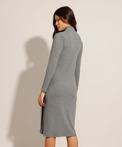 Vestido Canelado Midi com Fenda Manga Longa Gola Alta Cinza Mescla Escuro