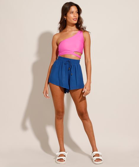 Short Saída de Praia de Viscose Maquinetado com Cordão Azul