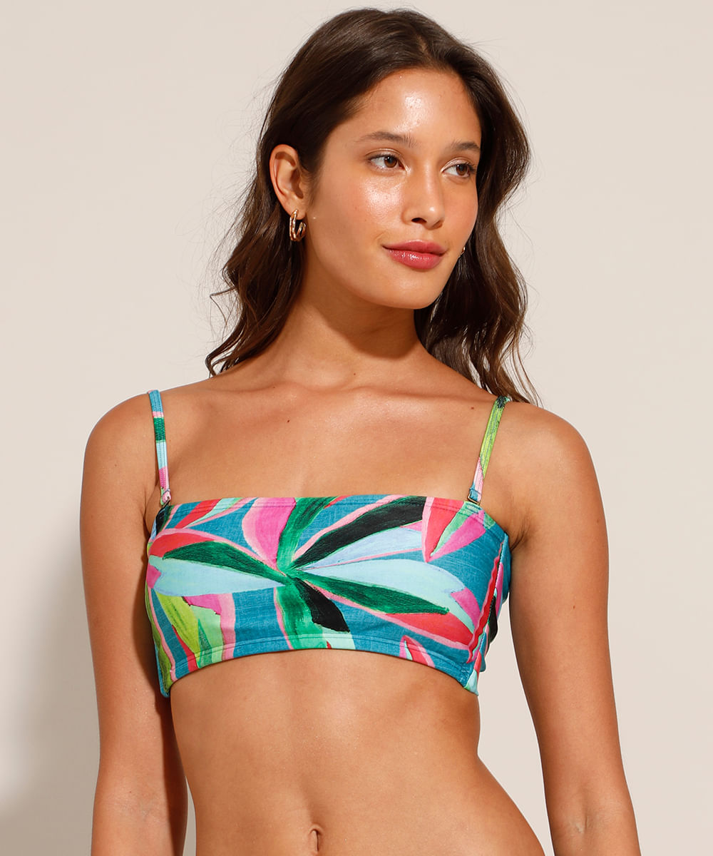 Biquíni Top Faixa Estampado Floral Artsy com Bojo e Alça Removíveis Proteção UV50+ Azul Claro Menor preço em Biquíni Top Faixa Estampado Floral Artsy com Bojo e Alça Removíveis Proteção UV50+ Azul Claro