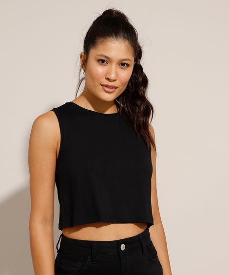 Regata Cropped Básica Decote Redondo Preta