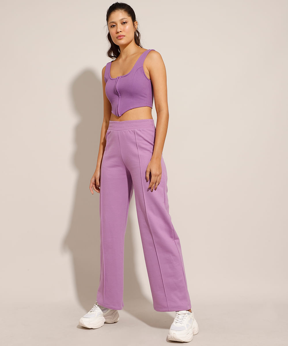 Calça Wide Reta de Moletom com Nervuras Cintura Média Roxa