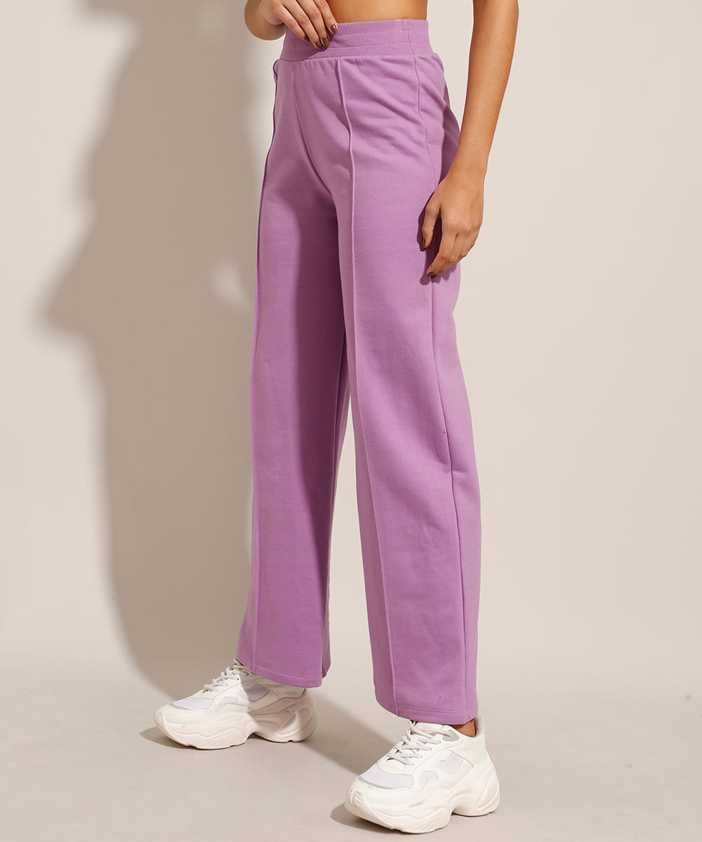 Calça Wide Reta de Moletom com Nervuras Cintura Média Roxa