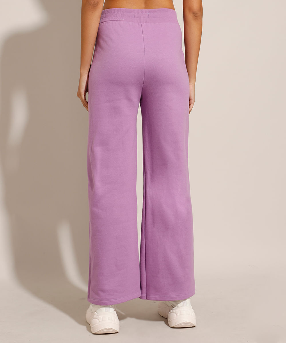 Calça Wide Reta de Moletom com Nervuras Cintura Média Roxa
