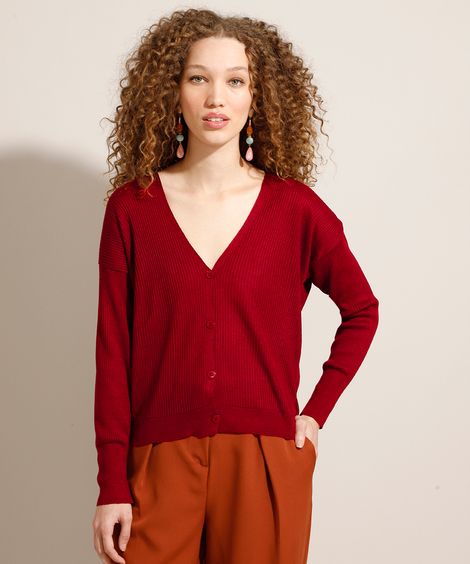 Cardigan de Tricô Canelado Decote V Vermelho