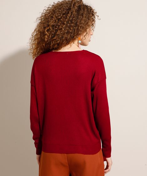 Cardigan de Tricô Canelado Decote V Vermelho
