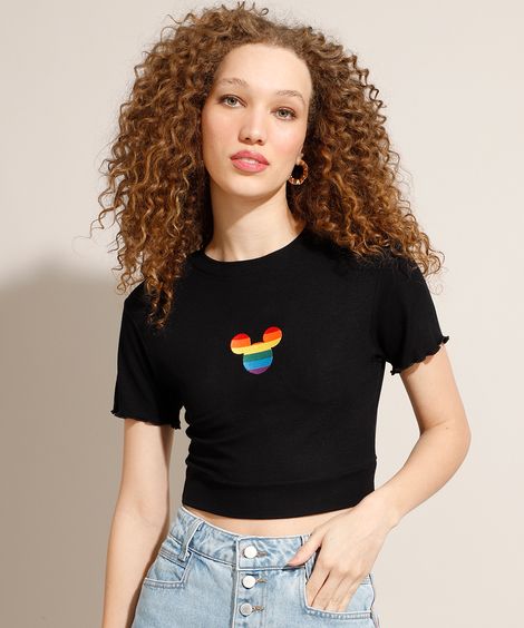 Camiseta Cropped Canelada Mickey com Bordado e Frufru Manga Curta Decote Redondo Preta