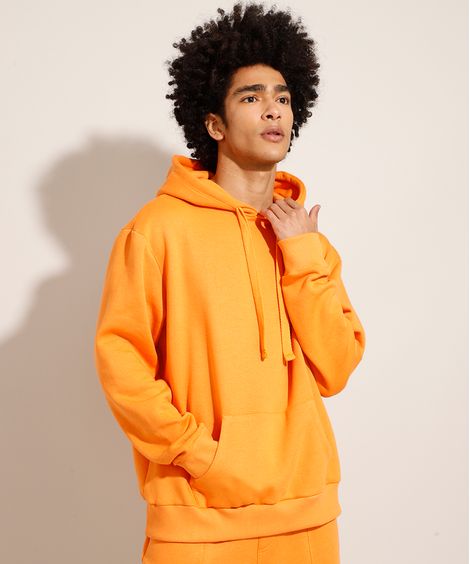 Blusão Oversized de Moletom com Capuz e Bolso Canguru Laranja