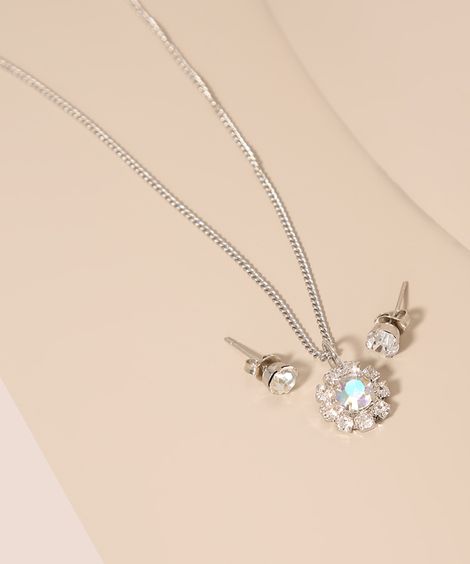 Kit de Colar com Pingente de Flor e Strass + Brinco Prateado