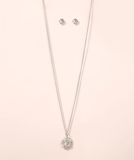 Kit de Colar com Pingente de Flor e Strass + Brinco Prateado