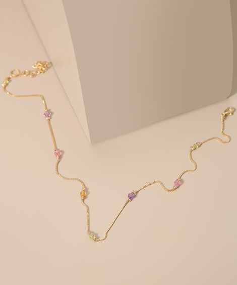 Colar Feminino Longo com Pedras Dourado