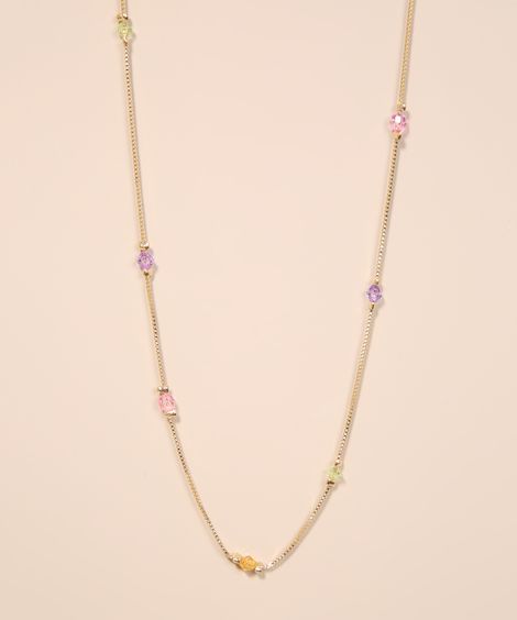 Colar Feminino Longo com Pedras Dourado