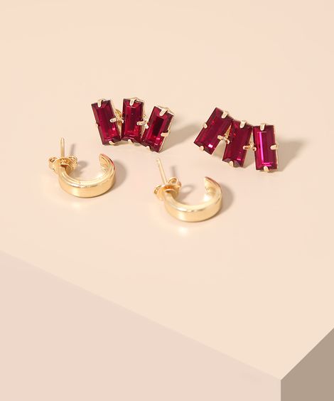 Kit de 2 Brincos Femininos de Argola com Pedras Dourado