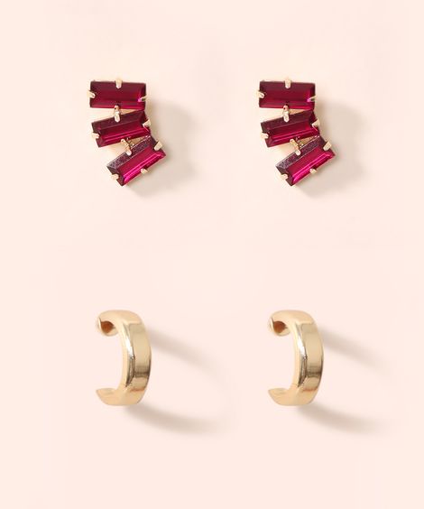 Kit de 2 Brincos Femininos de Argola com Pedras Dourado