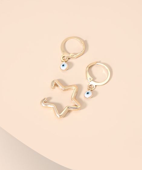 Kit de Brinco Feminino de Argola com Olho Grego + Piercing Estrela Dourado