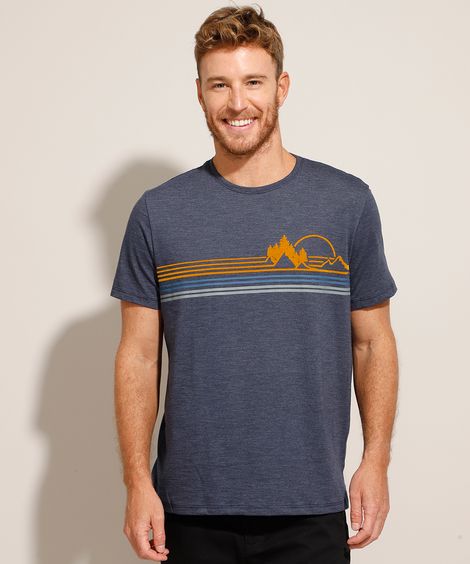 Camiseta Montanha Flocada Manga Curta Gola Careca Azul Marinho
