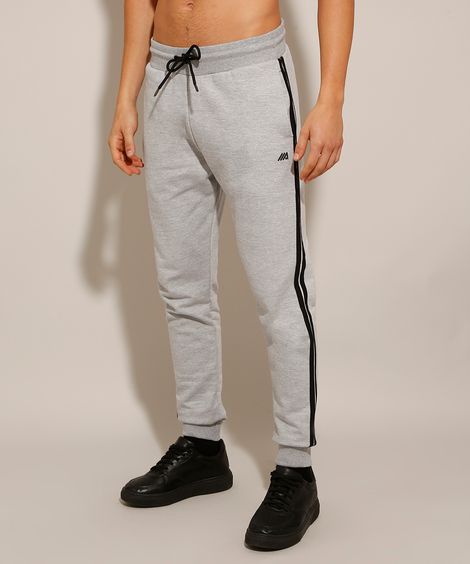 Calça Jogger de Moletom com Listras Laterais Cinza Mescla