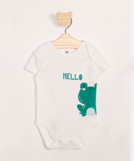 Body Infantil de Algodão Sapo com Bordado "Hello" Manga Curta Off White