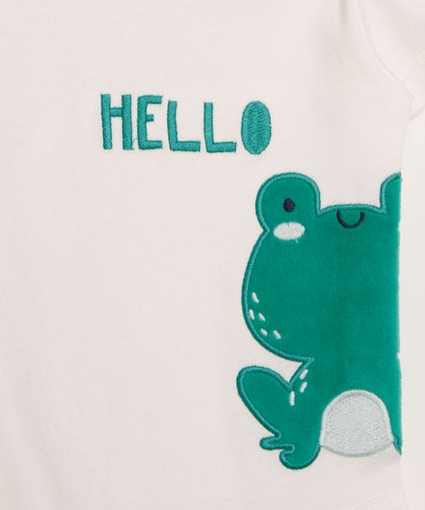 Body Infantil de Algodão Sapo com Bordado "Hello" Manga Curta Off White