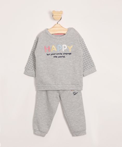 Conjunto Infantil em Moletom de Blusão com Bordado "Happy" + Calça Jogger Cinza Mescla