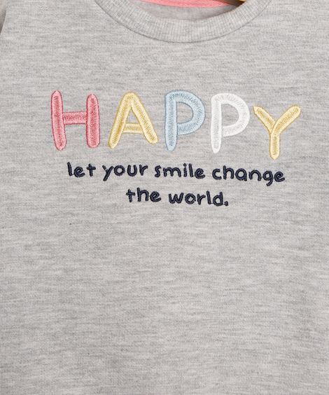 Conjunto Infantil em Moletom de Blusão com Bordado "Happy" + Calça Jogger Cinza Mescla