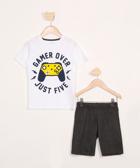 Conjunto Infantil de Camiseta Vídeo Game Manga Curta Off White + Bermuda de Moletom Cinza Mescla Escuro