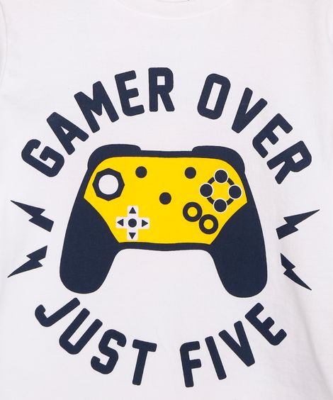 Conjunto Infantil de Camiseta Vídeo Game Manga Curta Off White + Bermuda de Moletom Cinza Mescla Escuro