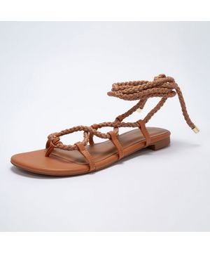 Rasteira Flat Feminina Com Amarração Corda - Camel